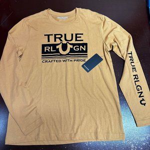 True Religion Mens Yellow Crew Neck Long Sleeve Pullover T Shirt Size Large